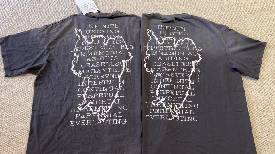 Pattern comparison SAINT Mxxxxxx SS TEE/HOPE SPRING/BLK Jesus slogan retro distressed TEE Washed in black S-XL Same as the original version Cylindrical side seam OE yarn fabric Garment dyeing Faded by heavy washing Bust plaster faded Correct pattern matching Original consistent accessories Original level printing restoration